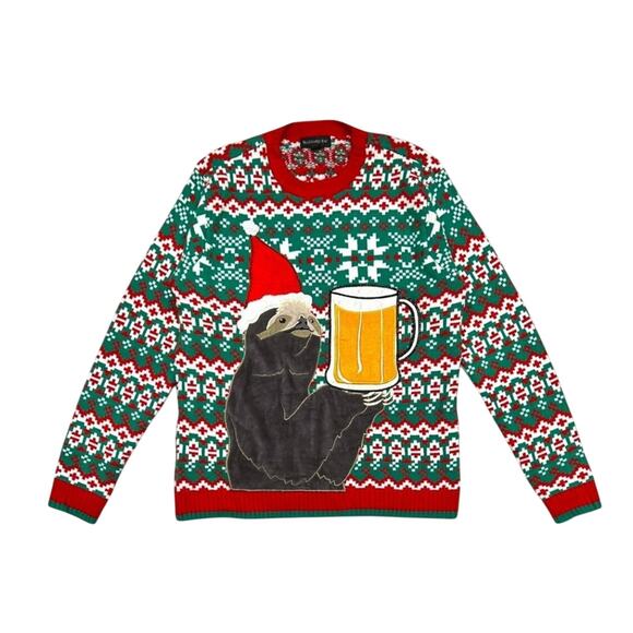 ★ Funny Sloth Holding Beer Holiday Party Themed “Ugly” Christmas Sweater ★ - Picture 1 of 6